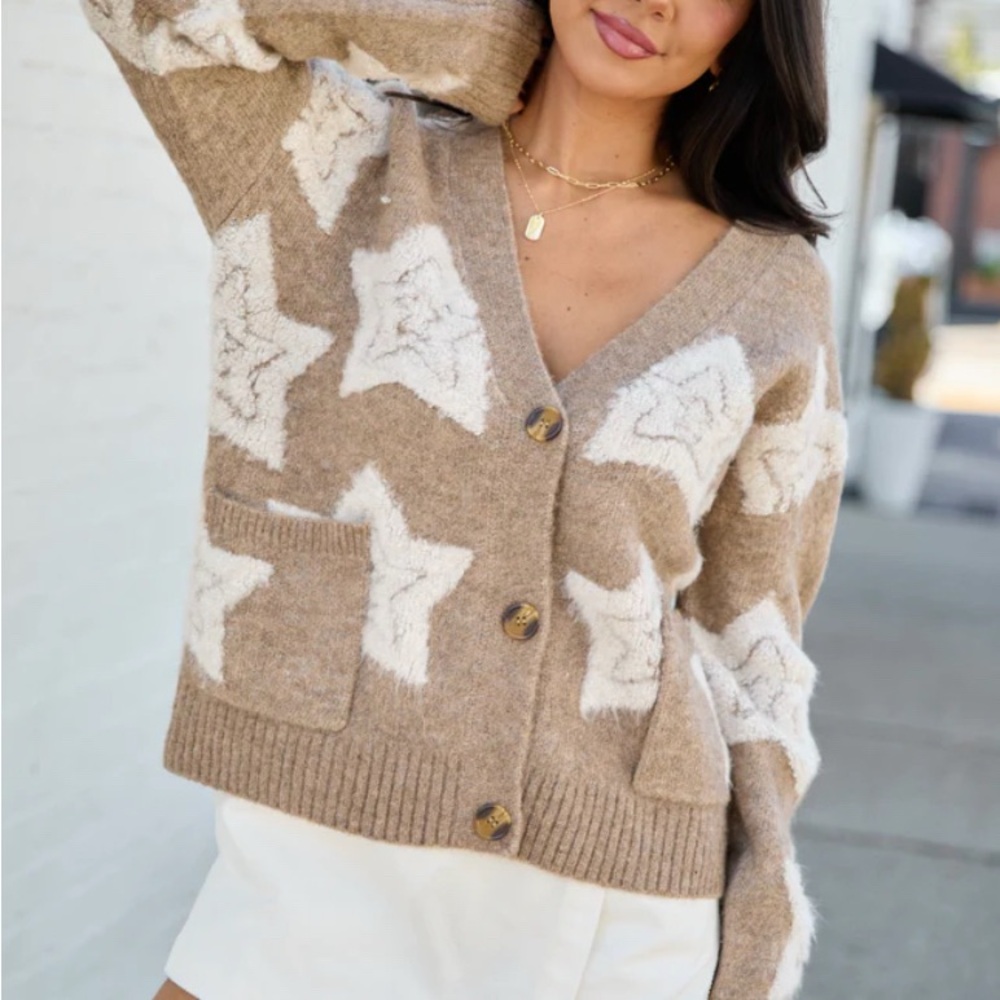 Pink Lily Beige Star Pattern Cardigan Sweater